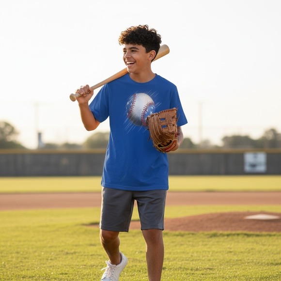 Boys Royal Blue Patriotic Baseball Graphic T-Shirt Stars and Stripes Sport Tee - Picture 2 of 2